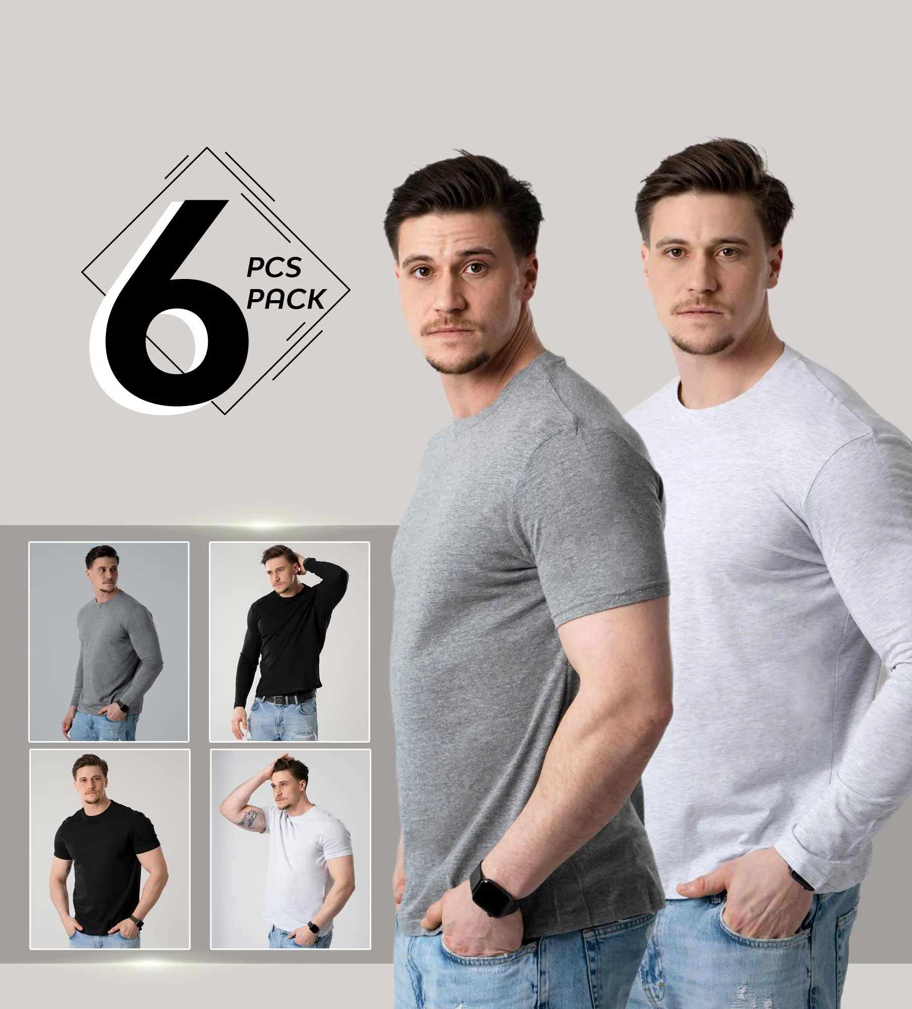 Pantoneclo 6-delni set bombažnih majic z dolgimi in kratkimi rokavi